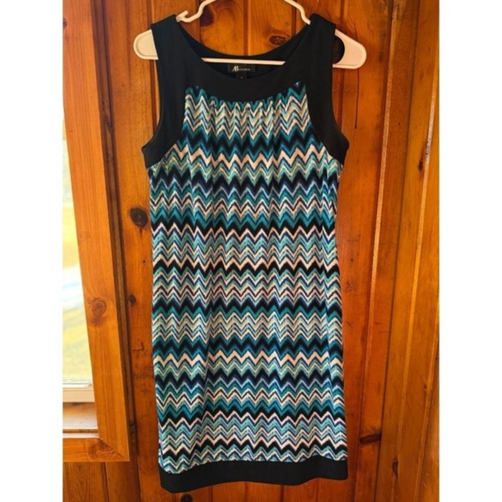 AB Studio Chevron Print Sleeveless Dress - Teal Blue Black - Size M